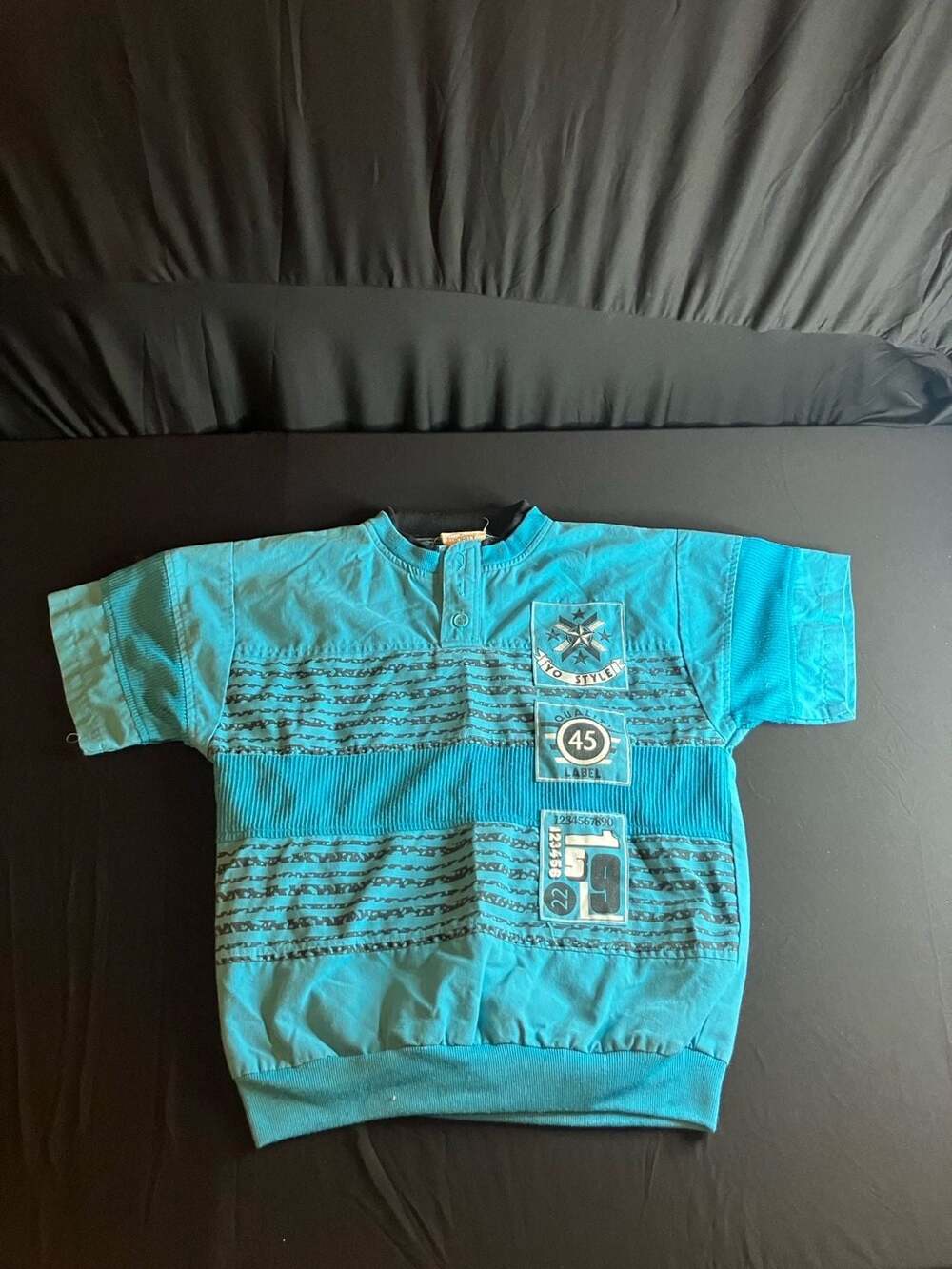 Vintage Priority Male 80s 90s Graphic Henley Short Sleeve Shirt Turquoise Blue